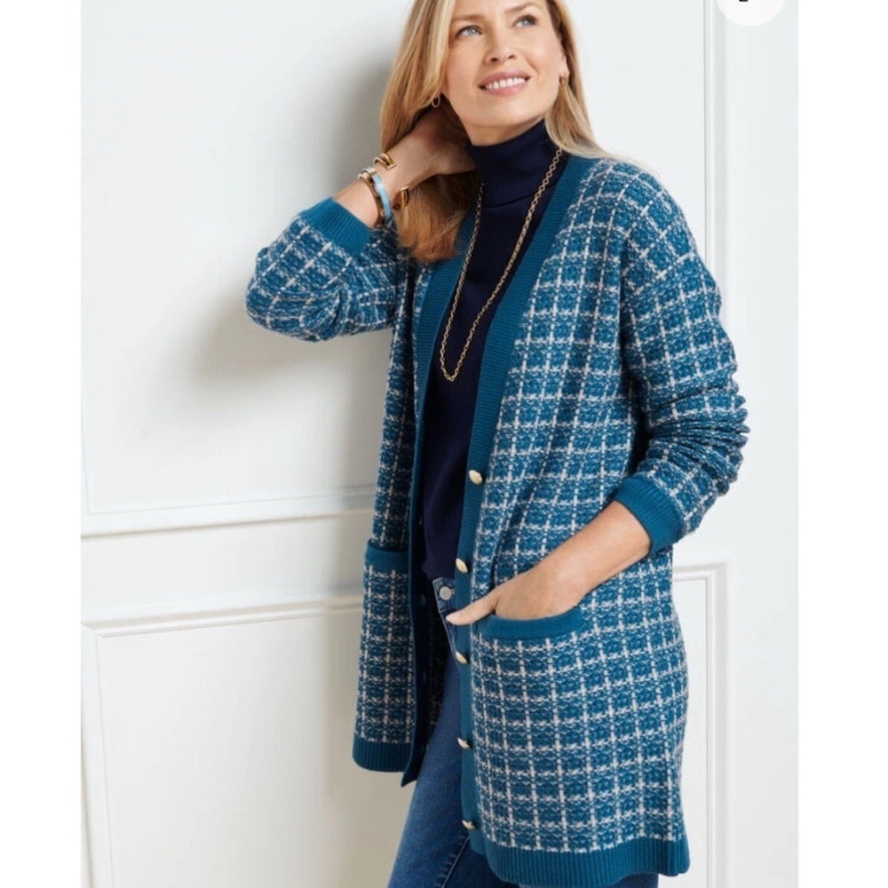 NWT Talbots 1X Cardigan Sweater Blue Gray Plaid Textured Gold Buttons